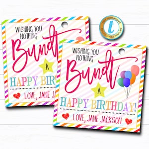 Birthday Bundt Cake Gift Tag, Birthday Cake Gift, Wishing You Nothing Bundt a Happy Birthday Treat Gift Bakery Label, DIY Editable Template