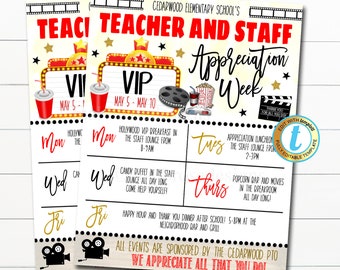 Hollywood Teacher Appreciation Week Itinerary Flyer Movie Theme You&#39;re A Star, Appreciation Week Schedule Events Printable EDITABLE TEMPLATE