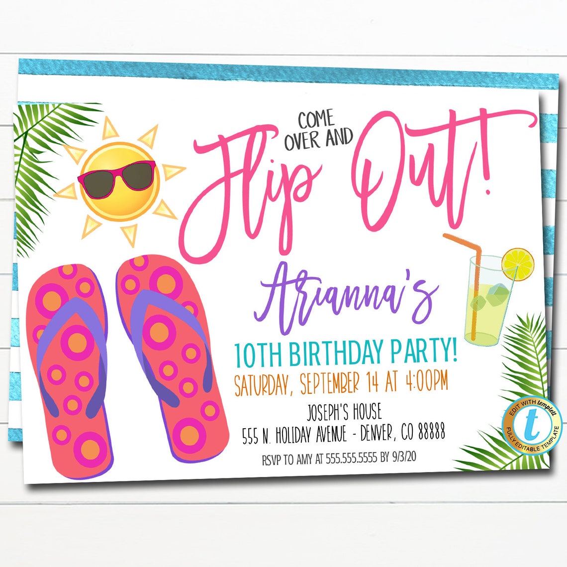 Pool Party Flip Flop Invitation Printable Summer Birthday - Etsy