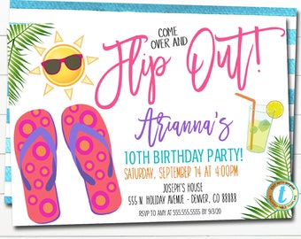 May include: A colorful invitation for a 10th birthday party with a summer theme. The invitation features a pink and blue flip-flop, a yellow sun with sunglasses, and a glass of lemonade. The text on the invitation reads "Come Over and Flip Out! Arianna's 10th Birthday Party! Saturday, September 14 at 4:00PM. Joseph's House 555 N. Holiday Avenue - Denver, CO 88888 RSVP to Amy at 555.555.5555 by 9/3/20."