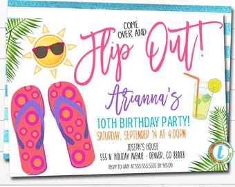 Pool Party Flip Flop Invitation, Printable Summer Birthday Party, Kids Girl Birthday Pool Bash Invitation, Let's Flip Out, EDITABLE TEMPLATE