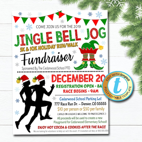 Elf Run Flyer, Christmas Race, Santa Run Walk School Church Pto Pta Fundraiser, Xmas Event Editable Template, Holiday Party DIY Self-Editing