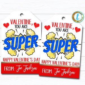 Etichetta di San Valentino supereroe, biglietto di San Valentino per ragazzo, regalo in aula, festa scolastica, sei uno staff super insegnante, modello modificabile stampabile fai da te