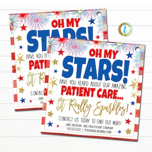 愛国的な紹介ギフトタグ、Oh My Stars Our Patient Care Sparkles、ホスピス病院医療、在宅ヘルスケアビジネスマーケティング、編集可能