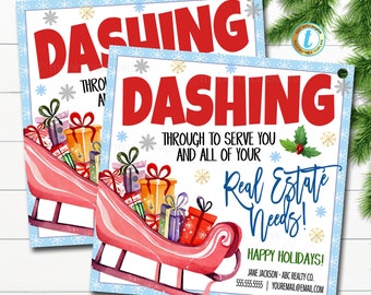 May include: A Christmas-themed real estate business card featuring a red sleigh filled with presents and the text "Dashing Through to Serve You and All of Your Real Estate Needs!" Happy Holidays! Jane Jackson - ABC Realty Co. 555.555.5555 | youremail@email.com