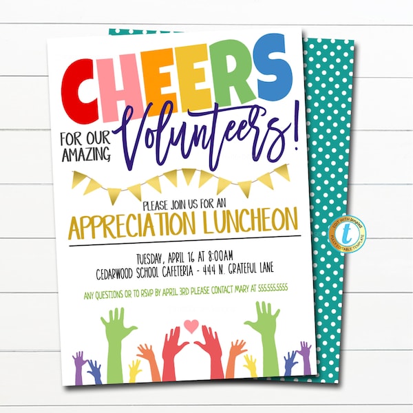 Volunteer Appreciation Invitation, Cheers to Our Volunteers Appreciation Week, Breakfast Lunch Invite, School Pto Pta, DIY Editable Template