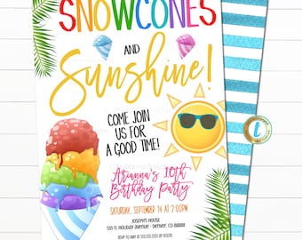 Invitación para fiesta de conos de nieve y sol, imprimible, para fiesta de cumpleaños de verano, para niña con helado en la piscina, plantilla editable.