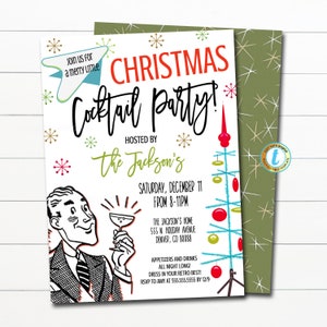 Retro Christmas Cocktail Party Invitation Vintage Holiday Adult Party Invite, Mid Century Modern Xmas Happy Hour Bar Party Editable Template