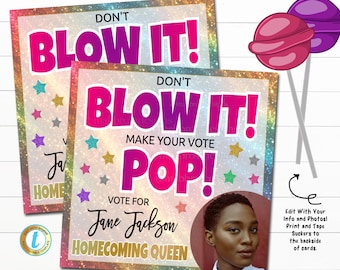 Etiqueta de piruleta, reina del baile, estudiante de segundo año, campaña electoral de votación de la clase escolar, ¡No lo arruines, haz que tu voto destaque! Sucker Favors, EDITABLE