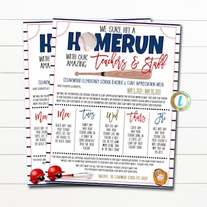 Baseball Teacher Staff Appreciation Week Itinerary Flyer, You&#39;re a Home Run Star Sports Theme, Schedule Events Printable EDITABLE TEMPLATE