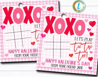 May include: Two pink and white gingham Valentine's Day cards with XOXO and a tic-tac-toe game. The text on the cards reads "Let's Play Tic Tac Toe!" and "Happy Valentine's Day! From Your Friend Jane".