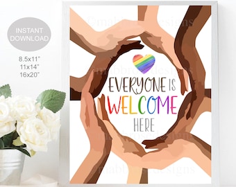 Diversiteit Poster, School Office Classroom Sign, Iedereen is hier welkom, handen vasthouden inclusief maatschappelijk werker, afdrukbare instant download