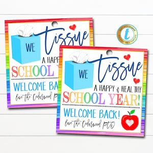 Etichetta regalo per il ritorno a scuola, fazzoletto di carta Kleenex, regalo per il personale insegnante del nuovo anno scolastico, etichetta arcobaleno per forniture scolastiche, modello modificabile fai da te Pto Pta