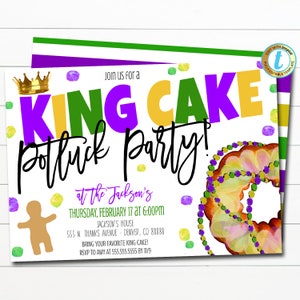 Könnte beinhalten: Eine Einladung zu einer King Cake Potluck Party in Lila, Grün und Gold. Die Einladung zeigt einen King Cake, einen Lebkuchenmann und Perlen. Der Text auf der Einladung lautet: "Schließen Sie sich uns zu einer King Cake Potluck Party an! bei den Jacksons Donnerstag, 17. Februar um 18:00 Uhr Jackson's House 555 N. Thanks Avenue - Denver, CO 88888 Bringen Sie Ihren Lieblings-King Cake mit! RSVP an Amy unter 555.555.5555 bis zum 11/9"