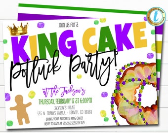 Puede incluir: Una invitación para una fiesta de King Cake Potluck, en tonos morados, verdes y dorados. La invitación presenta un pastel de reyes, un hombre de jengibre y cuentas. El texto de la invitación dice: "¡Únete a nosotros para una fiesta de King Cake Potluck! en casa de los Jackson Jueves, 17 de febrero a las 6:00 PM Jackson's House 555 N. Thanks Avenue - Denver, CO 88888 ¡Trae tu pastel de reyes favorito! RSVP a Amy al 555.555.5555 antes del 11/9"