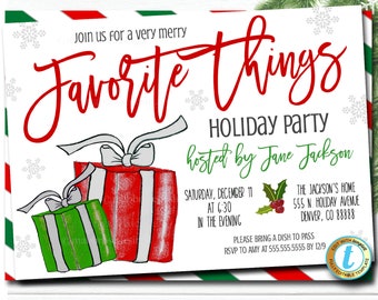 Op de afbeelding: Een witte uitnodiging met rode en groene strepen aan de rand. De uitnodiging is voor een "Favorite Things Holiday Party" georganiseerd door Jane Jackson. Het feest is op zaterdag 11 december om 18:30 uur. De uitnodiging bevat een handgetekende illustratie van twee ingepakte cadeaus, een rood en een groen.