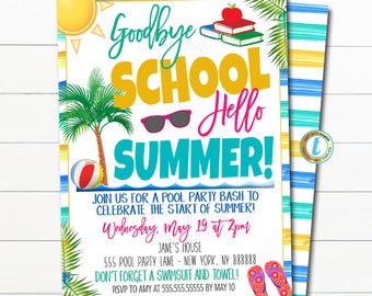 End of School Year Summer Party Invitation, Goodbye School Hello Summer Party, Printable Digital Invite, Backyard Splish Splash, EDITABLE