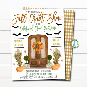May include: Invitation to a Fall Craft Show at Cedarwood Creek Boutique on Thursday, October 17th from 9:00 AM to 6:00 PM. The invitation features a brown wooden door with a fall wreath and pumpkins.