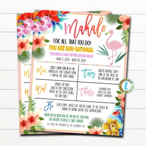 Luau Teacher Appreciation Week Itinerary, Tropical Hawaii You are Sun-sational Beach Theme Schedule Events Printable, DIY EDITABLE TEMPLATE