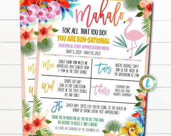 Luau Teacher Appreciation Week Itinerary, Tropical Hawaii You are Sun-sational Beach Theme Schedule Events Printable, DIY EDITABLE TEMPLATE