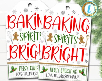 Christmas Gift Tags, Baking Spirits Bright, Holiday Candy Cookie Bakery Treat Tag, Secret Santa Teacher Xmas Label, DIY Editable Template