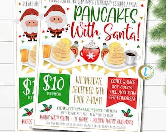 Może przedstawiać: Dwa ulotki reklamujące "Pancakes With Santa" dla Cedarwood Elementary School. Ulotki przedstawiają ilustracje Świętego Mikołaja, stosy naleśników, syrop, kawę i sok. Wydarzenie odbędzie się 13 grudnia w godzinach 8-10.