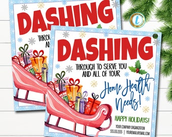 May include: A Christmas-themed holiday card with a red sleigh filled with presents and the text "Dashing Through to Serve You and All of Your Home Health Needs!" Happy Holidays! Your Company Organisation 555.555.5555 | youremail@email.com
