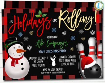 May include: A black and red plaid invitation for a staff Christmas party at Abe Company's. The invitation features a snowman, bowling pins, and the text "The Holidays are Rolling!"