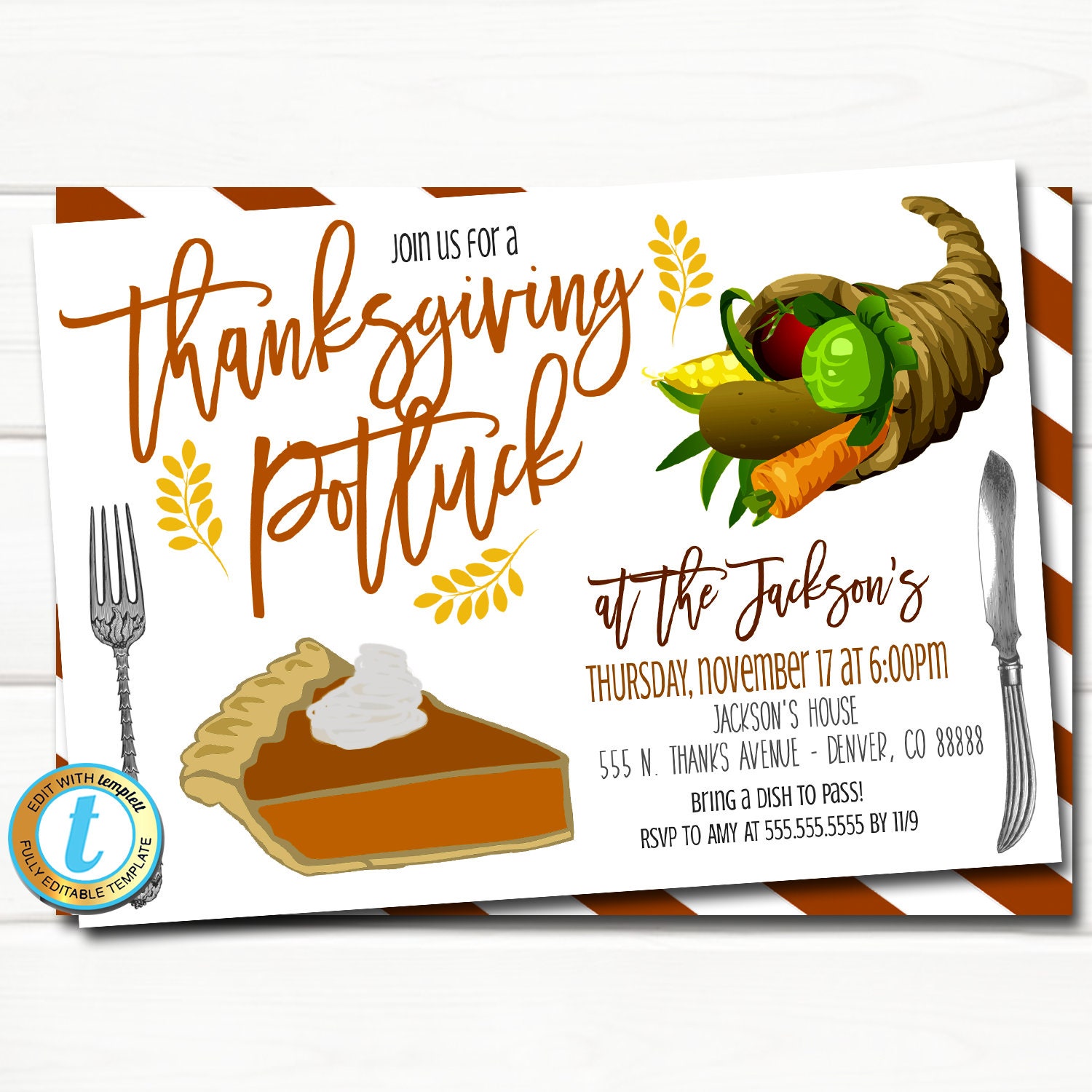 Thanksgiving Potluck Invitation Friendsgiving Teacher Staff Invitation Pumpkin Printable Dinner Party Thank You INSTANT DOWNLOAD Template