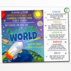 EDITABLE Space Theme Teacher Appreciation Week Itinerary Poster Digital Week Schedule Events, INSTANT DOWNLOAD pto pta Fundraiser Printables