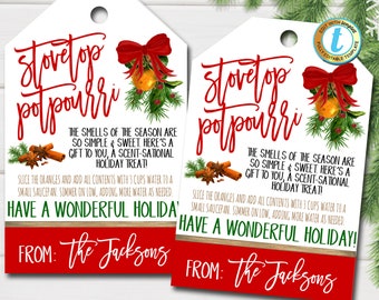 Etiquetas de regalo de popurrí de estufa, aroma navideño navideño, etiqueta de vela, idea de regalo para el personal del maestro de vacaciones, Papá Noel secreto, plantilla editable