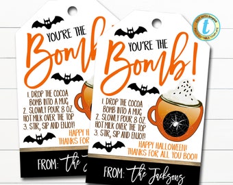 Halloween Gift Tags, Hot Cocoa Bomb, Hot Chocolate Recipe Tag, Fall Autumn Teacher Staff Trick or Treat Label, DIY Editable Template