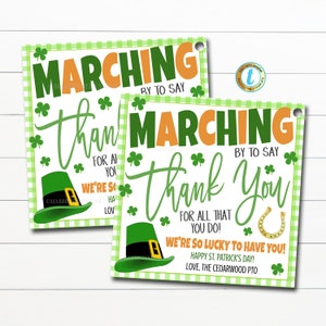 Etiquetas para presente de agradecimento do Dia de São Patrício, marchando para dizer obrigado, agradecimento da enfermeira da equipe do professor da escola do funcionário, modelo editável