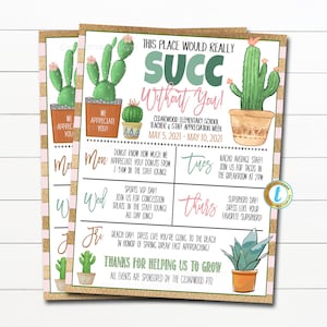 Itinéraire de la Semaine d’appréciation des enseignants, thème Boho Succulent Grow Bloom Plant Cactus, calendrier du personnel infirmier, événements imprimables, MODÈLE MODIFIABLE