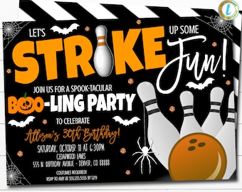 May include: Black and orange Halloween bowling party invitation with bats, a spider, and a pumpkin. The text reads "Let's Strike Up Some Fun!" and "Boo-ling Party".