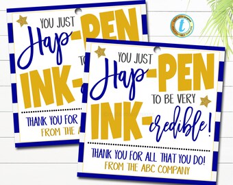 Könnte beinhalten: Zwei blaue und goldene Geschenkanhänger mit dem Text "You just hap-pen to be very ink-credible!" und "Thank you for all that you do! From the ABC Company."