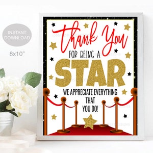 Hollywood Teacher Appreciation Week Printable Sign Volunteer Employee Staff Nurse, You&#39;re a Star Thank You Party Decor, INSTANT DOWNLOAD