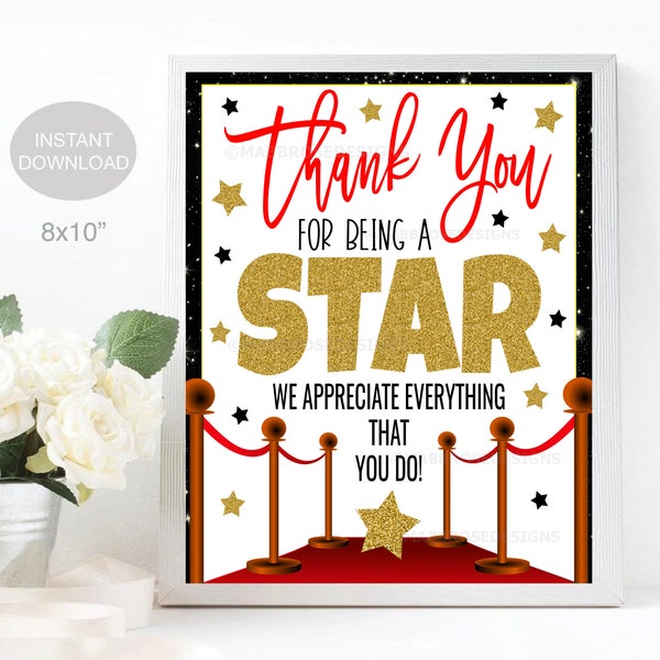 Hollywood Teacher Appreciation Week Printable Sign Volunteer Employee Staff Nurse, You're a Star Thank You Party Decor, INSTANT DOWNLOAD