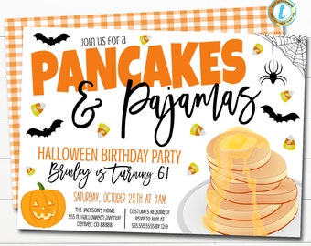 Inbjudan till Halloweenpannkakor och pyjamas, redigerbar pannkaka- och pyjamasfödelsedagsfest, mall för Halloweenbrunch, frukost, skolklassrum