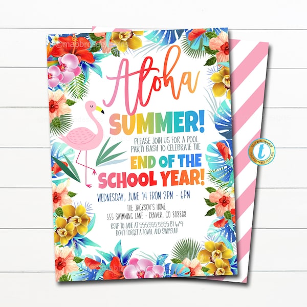 Aloha Summer Pool Party Invitation, End of School Party Invite, Splish Splash Tropical Luau Invite Editable Class party Invitation, EDITABLE