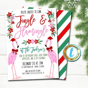 Weihnachtseinladung, Flamingo Flamingle und Jingle Party, tropische adrette Weihnachten im Juli Luau Floral Invite, bearbeitbare Vorlage herunterladen