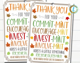Fall Thank You Mint Tags, Volunteer Mint Labels, Thank You School pto pta Staff Employee Teacher Appreciation Gift, DIY Editable Template
