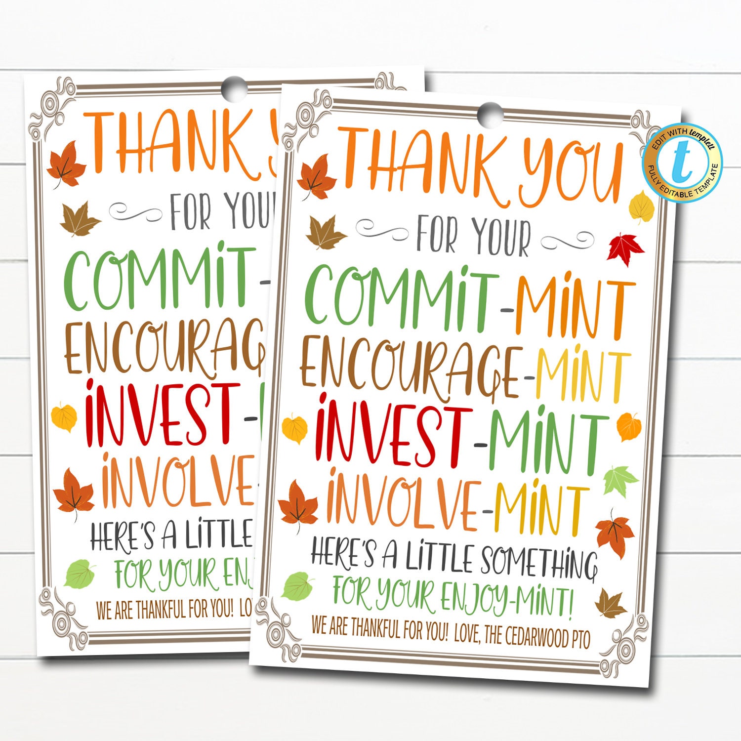 Fall Thank You Mint Tags Volunteer Mint Labels Thank You - Etsy Israel