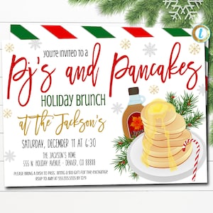 Christmas PJs and pancakes Invitation, Editable Pancakes & Pajamas Birthday Party, Holiday Brunch Breakfast School Classroom, DIY Template