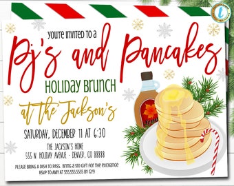 Inbjudan till julpyjamas och pannkakor, redigerbar pannkaka och pyjamasfödelsedagsfest, julbrunch, frukost, skolklassrum, gör-det-själv-mall
