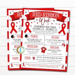 Puede incluir: Cartel de la Semana de la Cinta Roja con una cinta roja y estrellas. El cartel está dividido en cinco días de la semana, con actividades para cada día. Las actividades incluyen: Unirse contra las drogas, la presión de los compañeros y el acoso, Dar la espalda a las drogas, Los amigos no dejan que los amigos tomen drogas, y Eliminar las drogas y el acoso en esta escuela. El cartel también incluye las fechas del 20 al 25 de octubre y el nombre de la escuela Cedarwood High School.