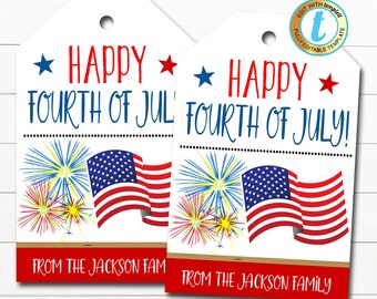 Fourth of July Gift Tag, Fireworks Sparkler Gift Tag Party Favor, Summer Holiday American Flag Tag, Happy 4th of July, DIY Editable Template