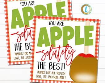 May include: Two printable gift tags with a red and white checkered background. The tags feature a cartoon apple with the text "You are apple-solutely the best!" and "Thanks for all you do! Love, The Jackson Family."