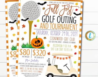 May include: An orange and white invitation for a Fall Fest Golf Outing and Tournament. The event is on Saturday, October 29th, 2021 at Cedarwood Golf Club, 555 Golfing Drive, Denver, CO 88888. Registration is at 9:00 AM and the shot gun start is at 10:00 AM. The cost is $8 per person, $80 per team of 4, or $320 per team of 4. The invitation includes a pumpkin with a jack-o-lantern face, a golf ball on a tee, and a golf cart.