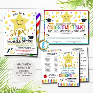 Conjunto de graduación Reach for the Stars, Invite al diploma del programa de ceremonia de la escuela de posgrado de cualquier edad preescolar imprimible, PLANTILLA EDITABLE